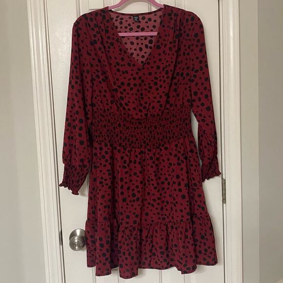 SHEIN • Burgundy Curve Plus Dalmatian Print Flare Sleeve Ruffle Hem Dress - Picture 2 of 7